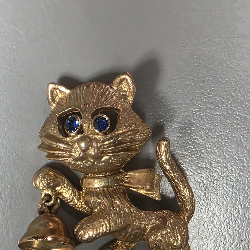 Gold Cat Brooch with Blue Accents